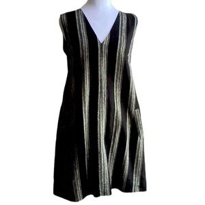 GAP Black Gray Sleeveless V-Neck Stripe Shift Dress in Linen Cotton size XS